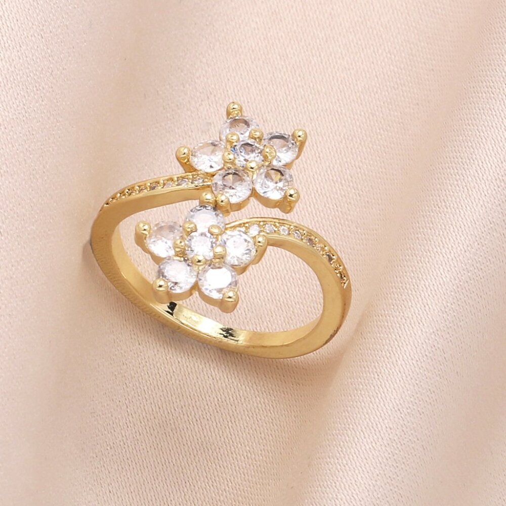 3/$35 18K Gold Plated Copper Open Ring Double Sided Flower Zirconia Diamond